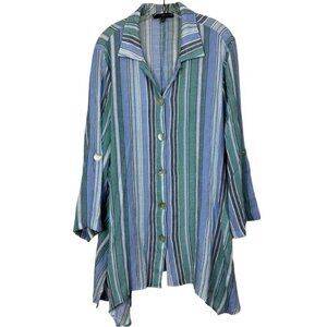 Fred David Blue Green Striped Lagenlook Relaxed Fit Button Down Tunic Size 1X